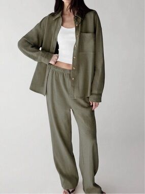 OAK + FORT Oak Fort Flannel Olive Green Button Up Blouse and Wide Leg Pants Set